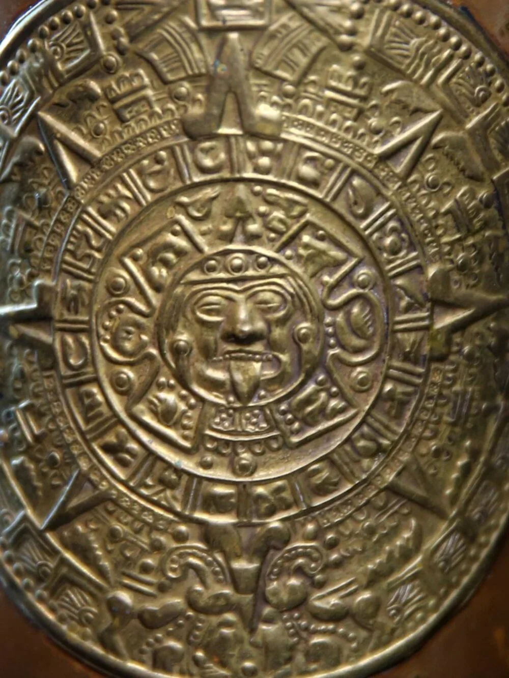 Vintage Brass Copper Mug with Mayan Calendar, Aztec Mexican Cup with Emblem